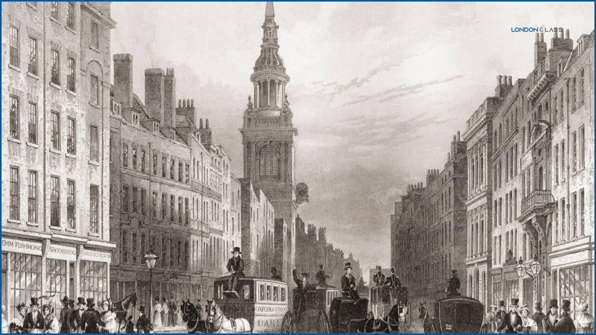Vintage drawing of an old London street with carriages and classic architecture
