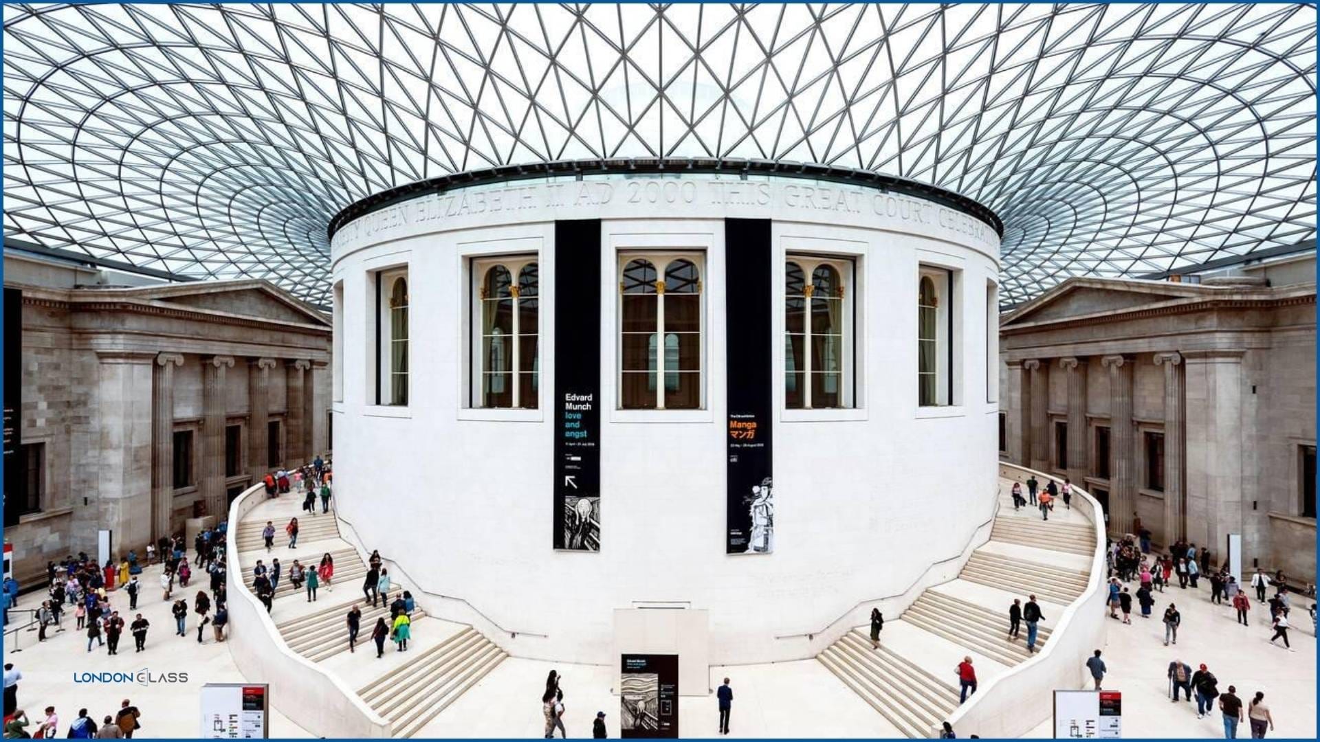Interior view of the Great Court at the British Museum with visitors
