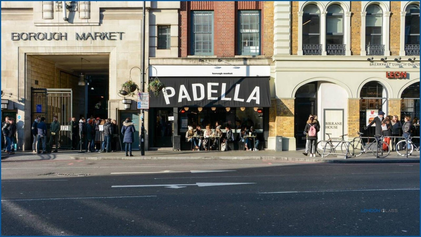 Padella restaurant and Borough Market entrance on a busy day.