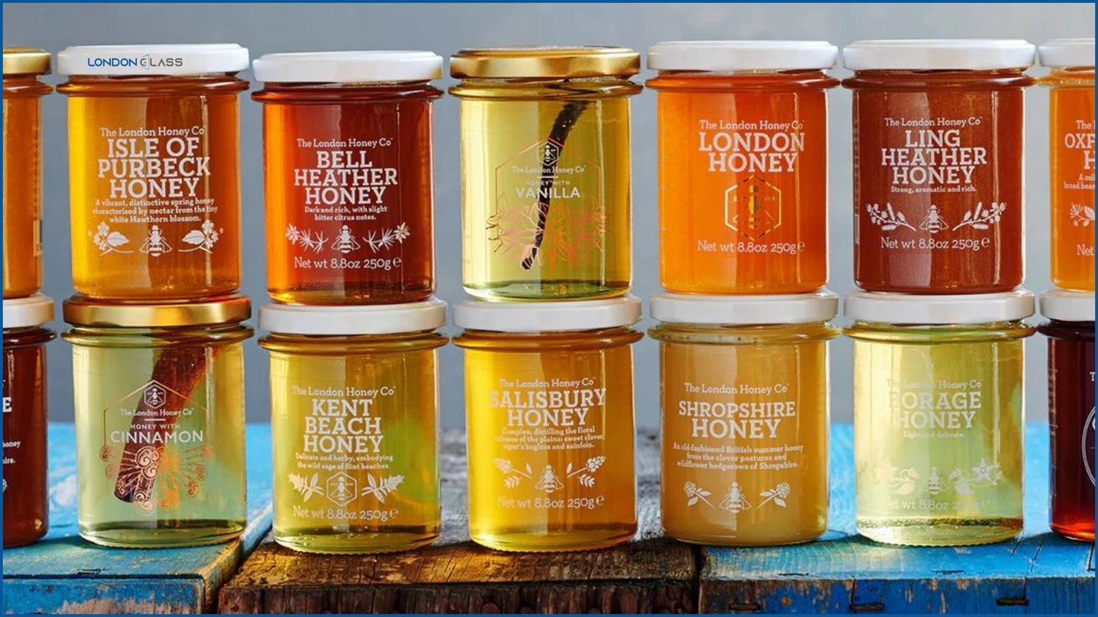 Jars of artisanal honey from The London Honey Co. at Maltby Street Market