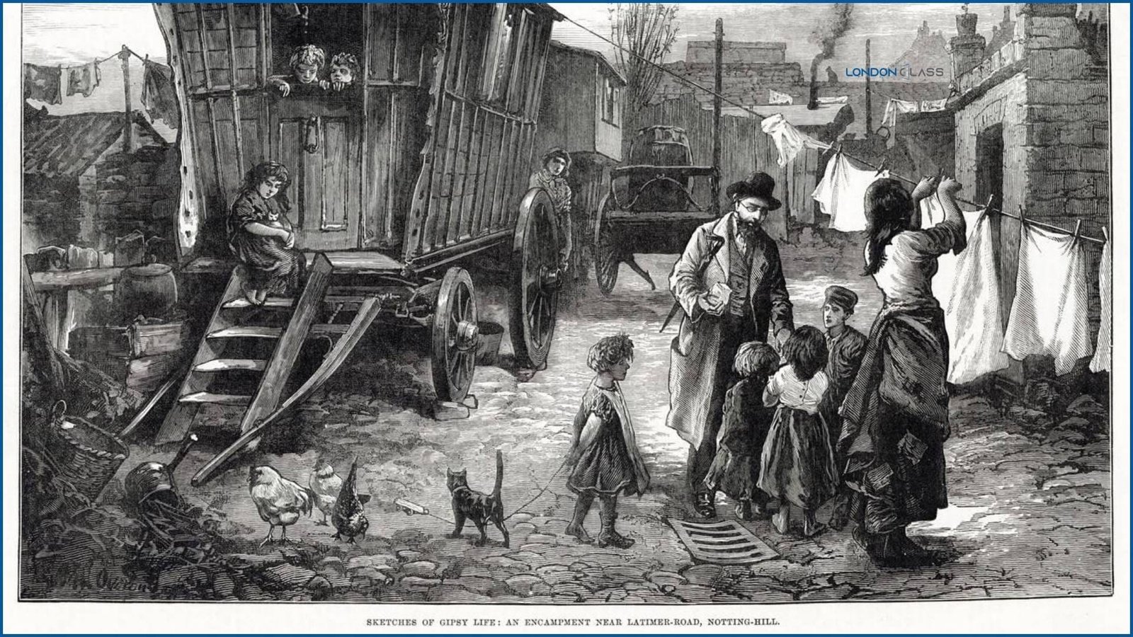 Victorian-style illustration of a gypsy camp near Latimer Road, Notting Hill