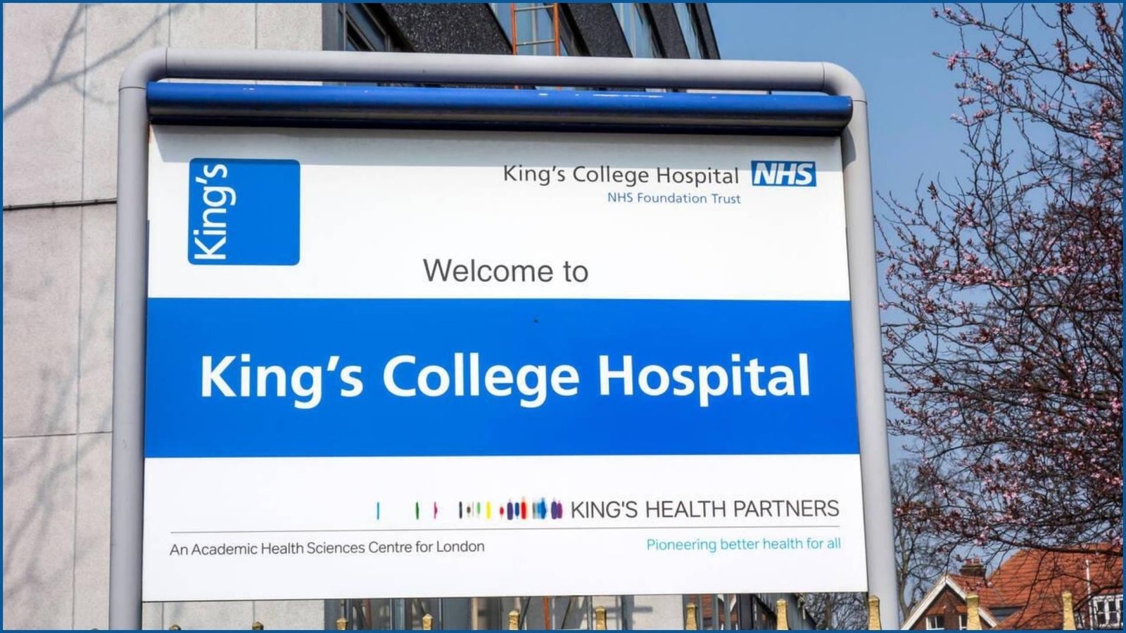 Welcome sign at King's College Hospital, London