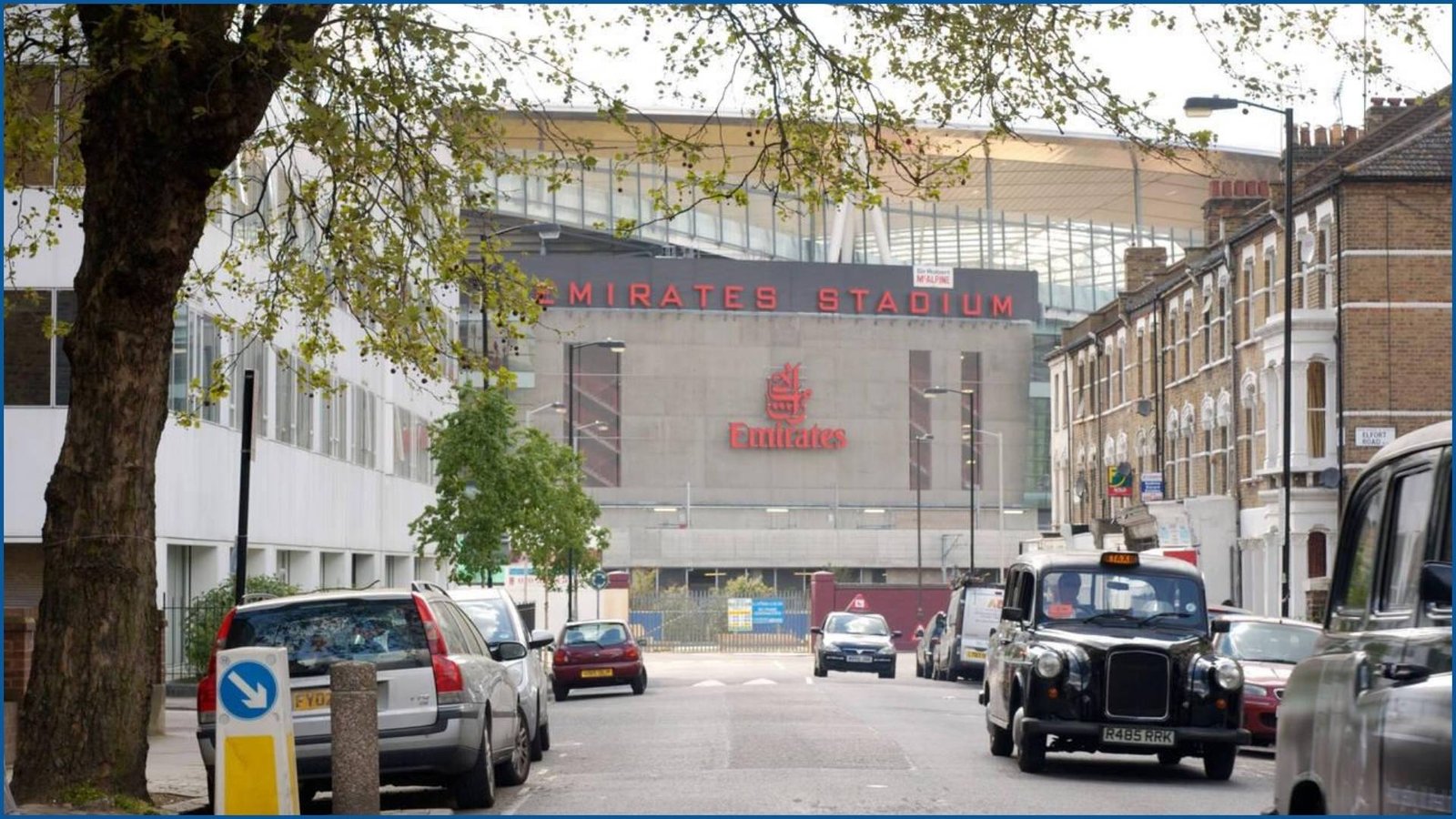 Emirates Stadium from a street view with iconic logo