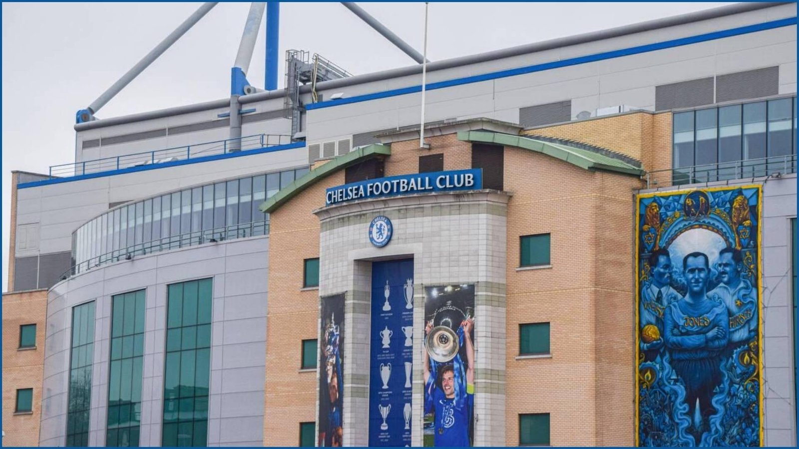 Entrance of Stamford Bridge stadium with Chelsea FC mural