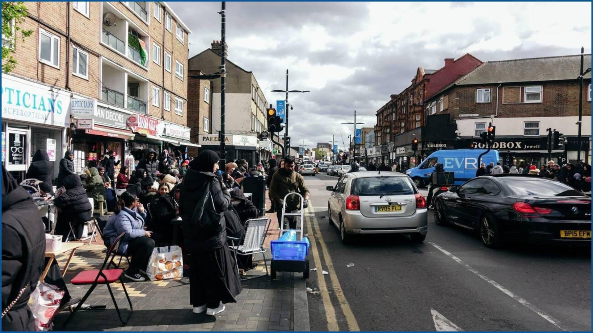 Multicultural community gathering on Green Street in London