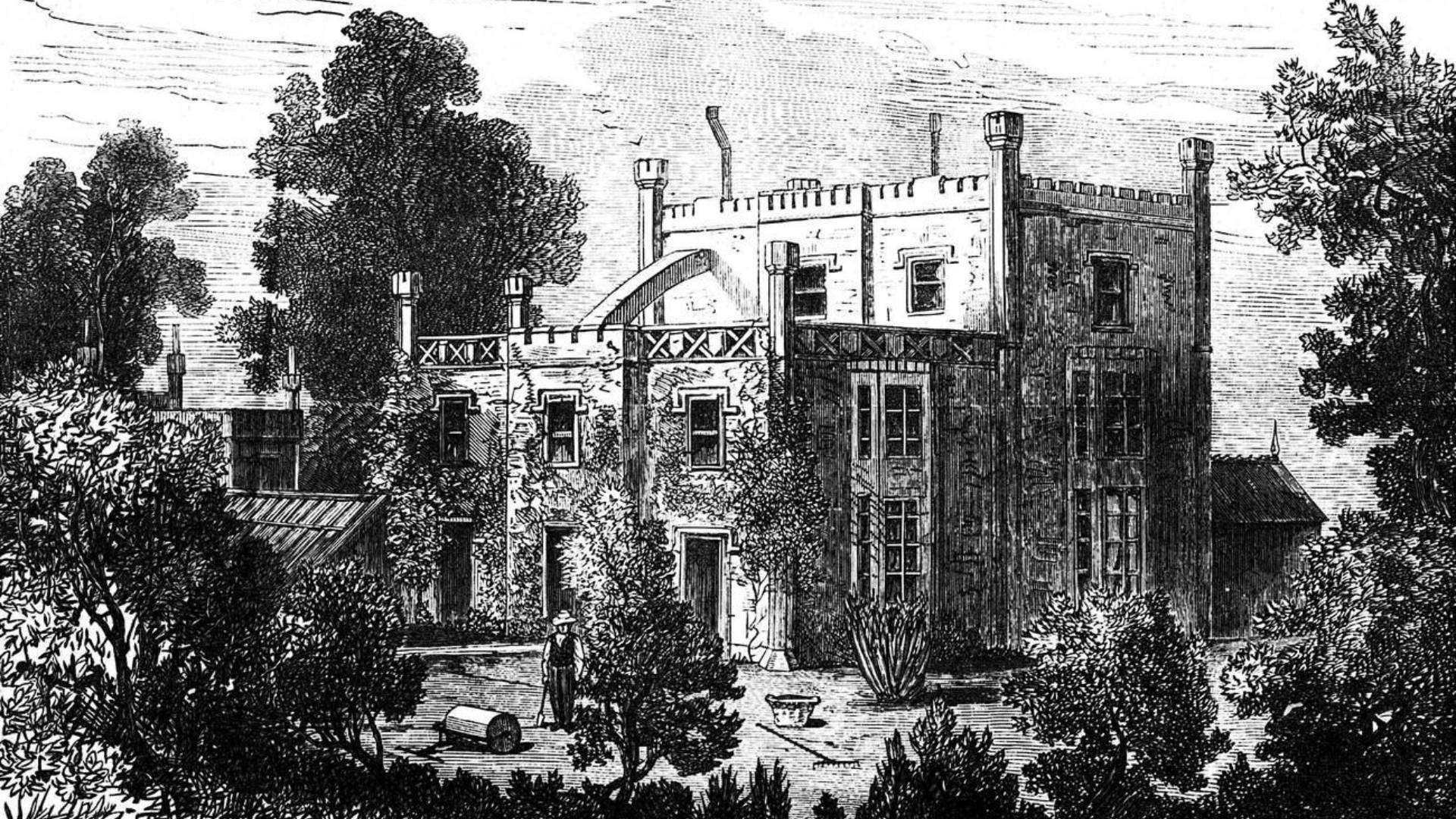 Historical sketch of The Priory in Bedford Hill, Wandsworth, showcasing Gothic architecture and lush greenery.