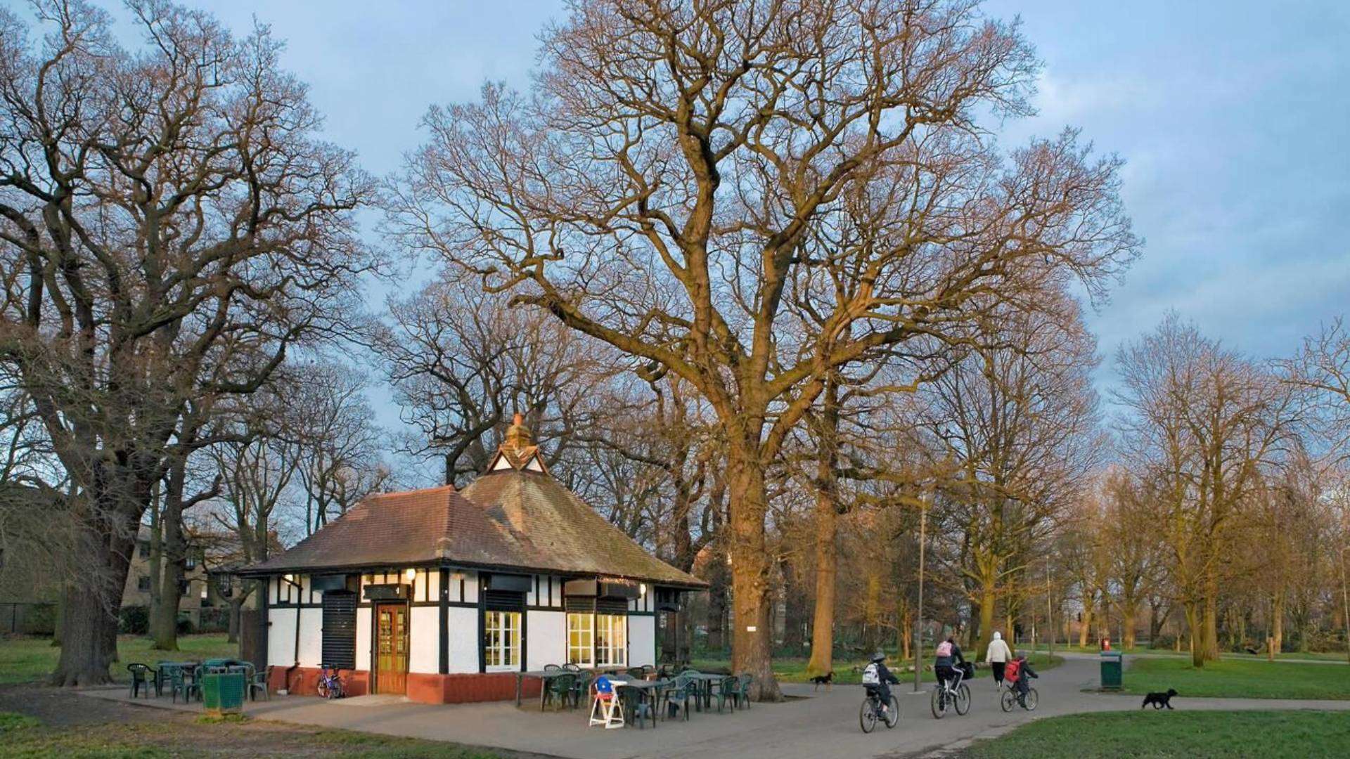 Cyclists and walkers enjoying Tooting Bec Common in Bedford Hill, surrounded by lush oak trees.