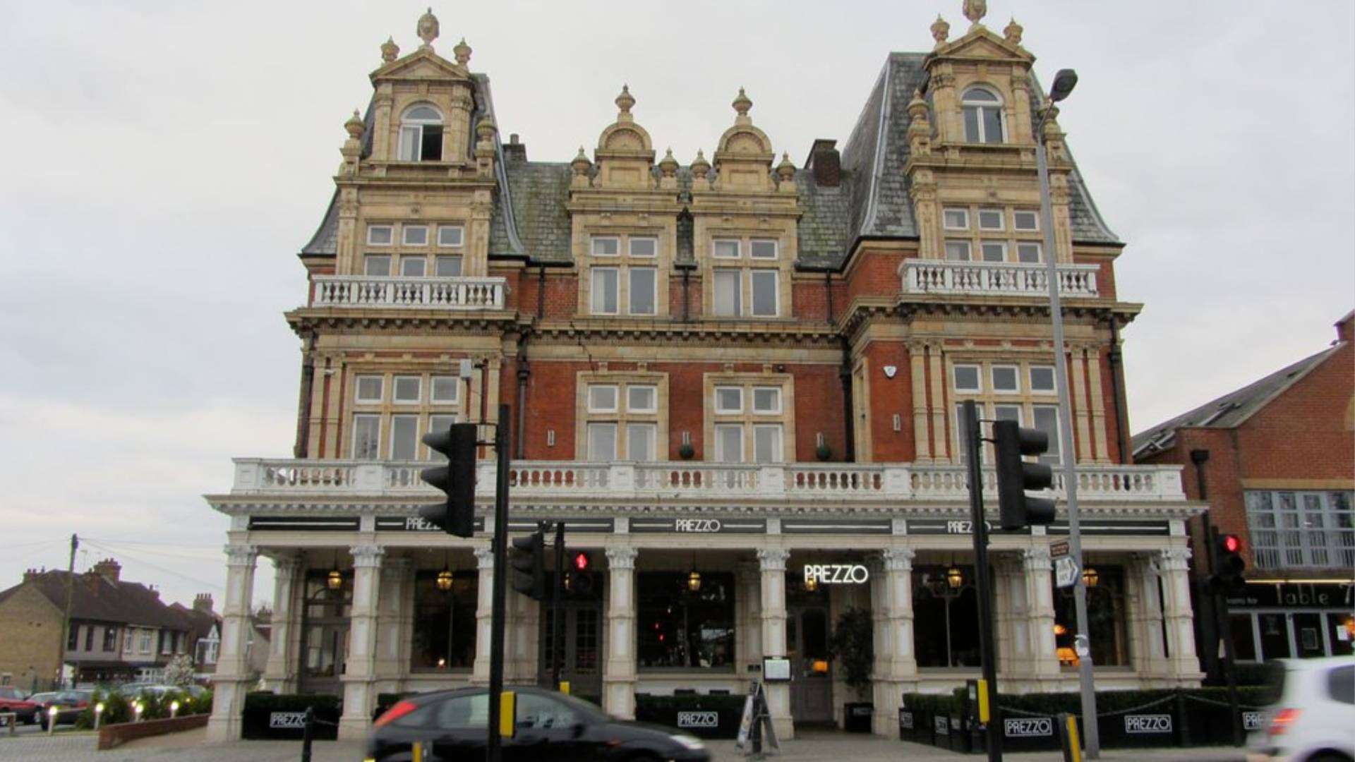 The Bull and Crown, a historic pub rebuilt in 1910 in French Second Empire style, now a Prezzo restaurant
