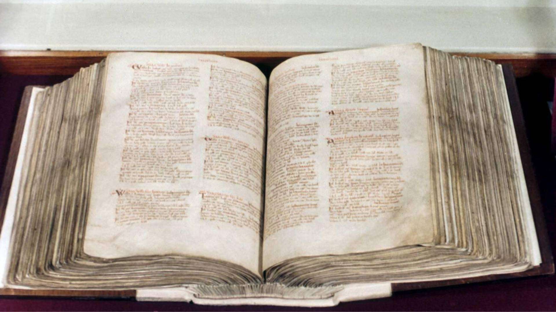Open page of the Domesday Book, an iconic historical record from medieval England.