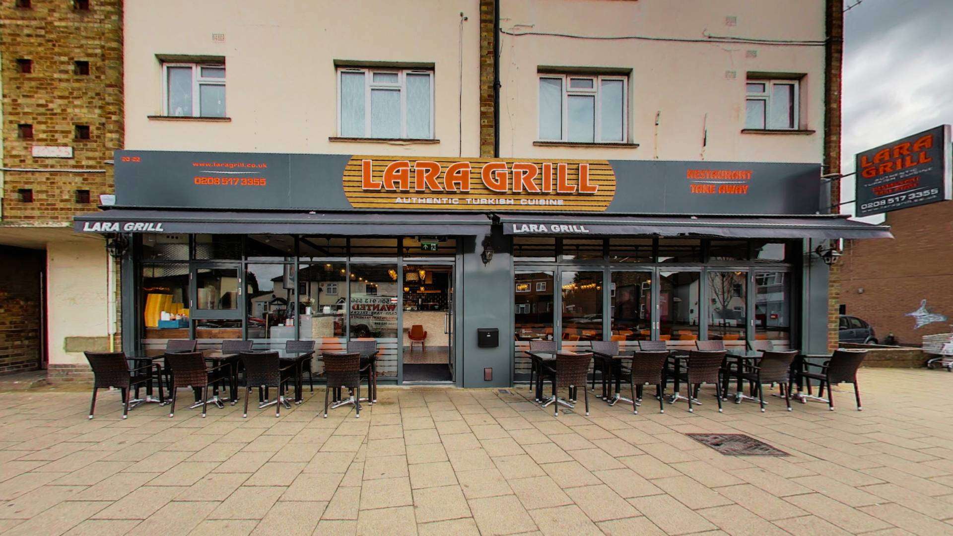 Lara Grill restaurant front showcasing outdoor seating in Chadwell Heath.