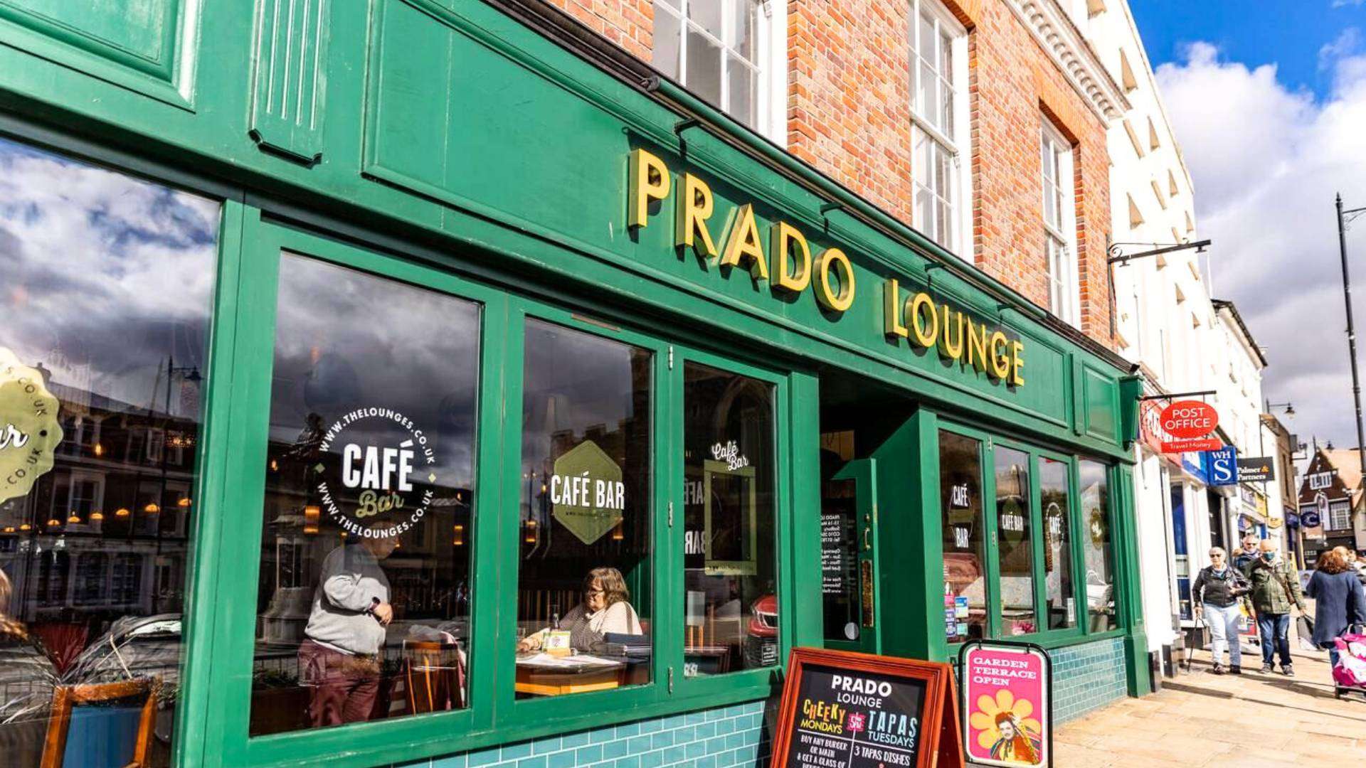 Exterior of Prado Lounge, a vibrant cafe bar in Sudbury London.