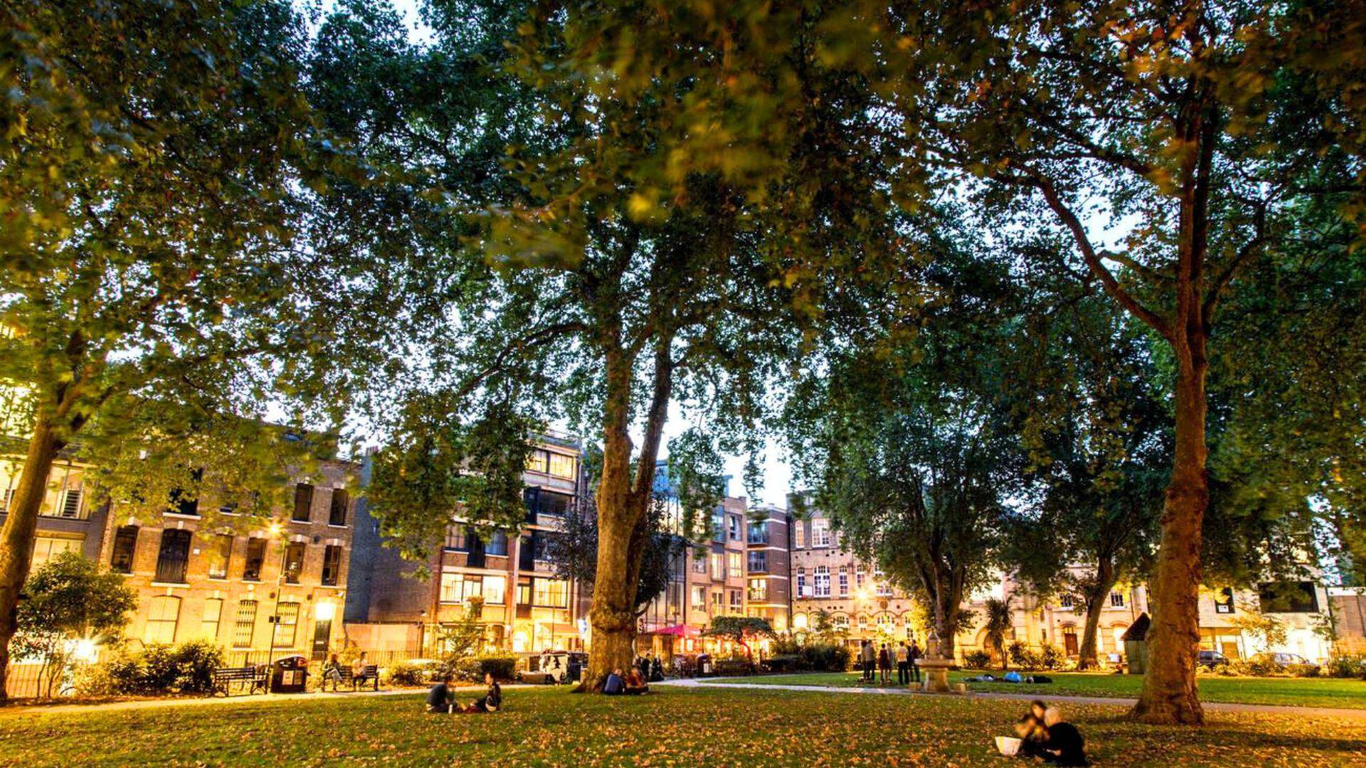 A peaceful park setting in Hoxton Square, East London, with people relaxing under lush green trees in the evening.