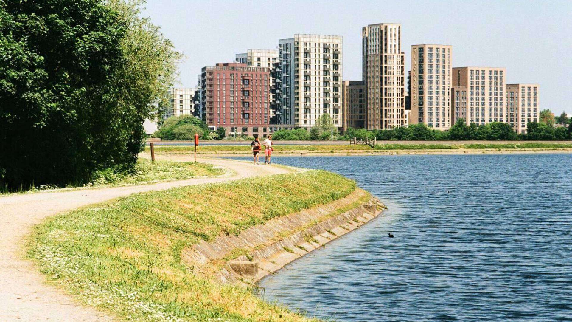 A peaceful walking path at Walthamstow Wetlands, East London, with modern residential towers in the background.