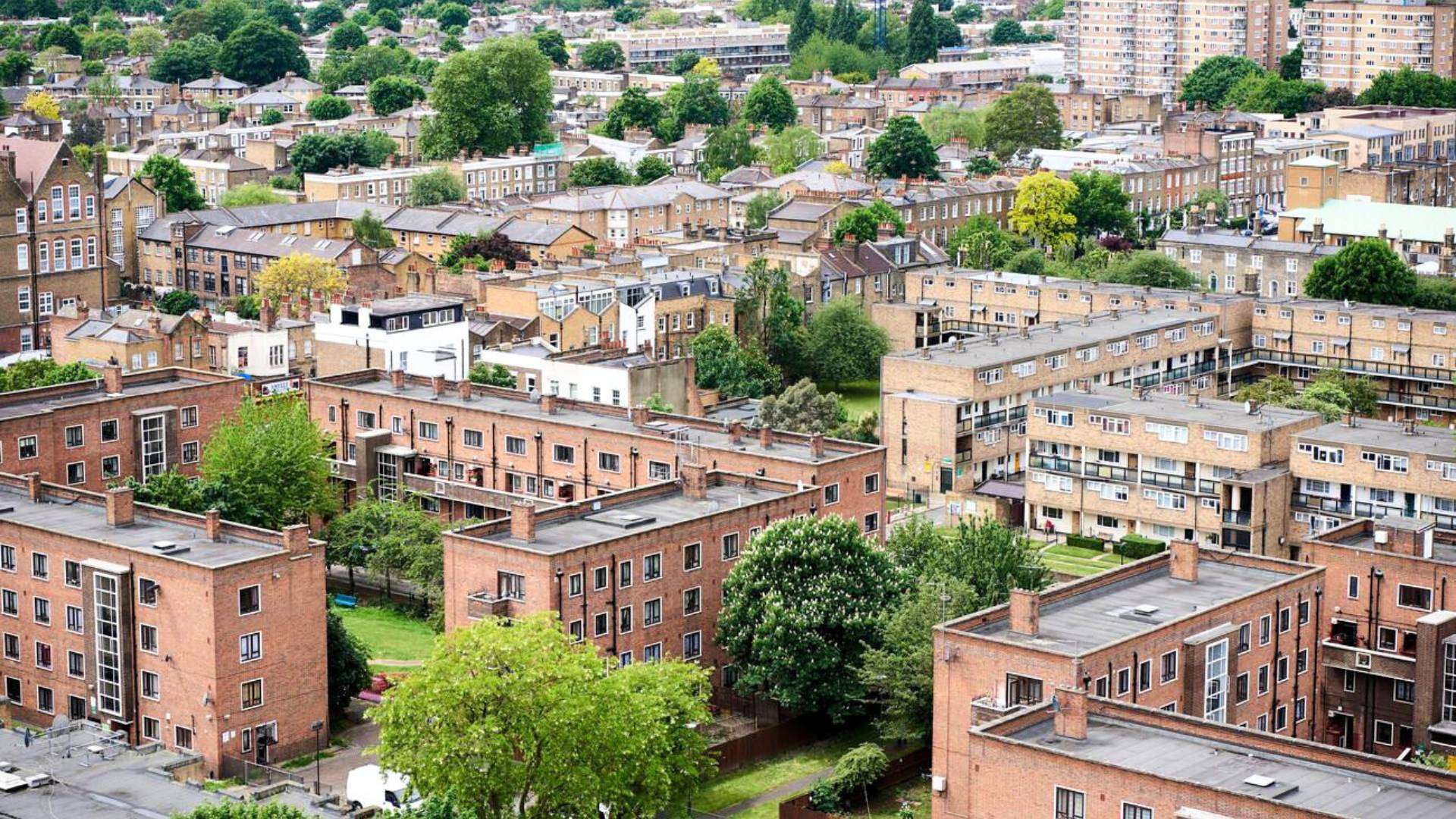 Aerial view of Bethnal Green’s historic housing in East London.