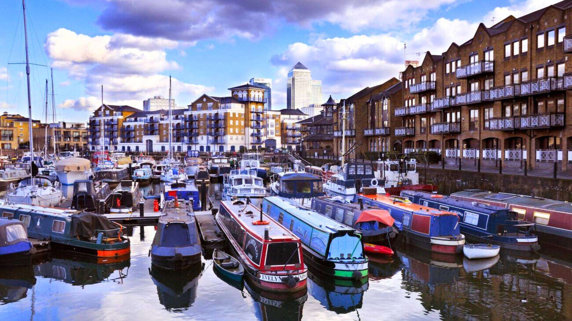 A marina with houseboats at Limehouse Basin, London.